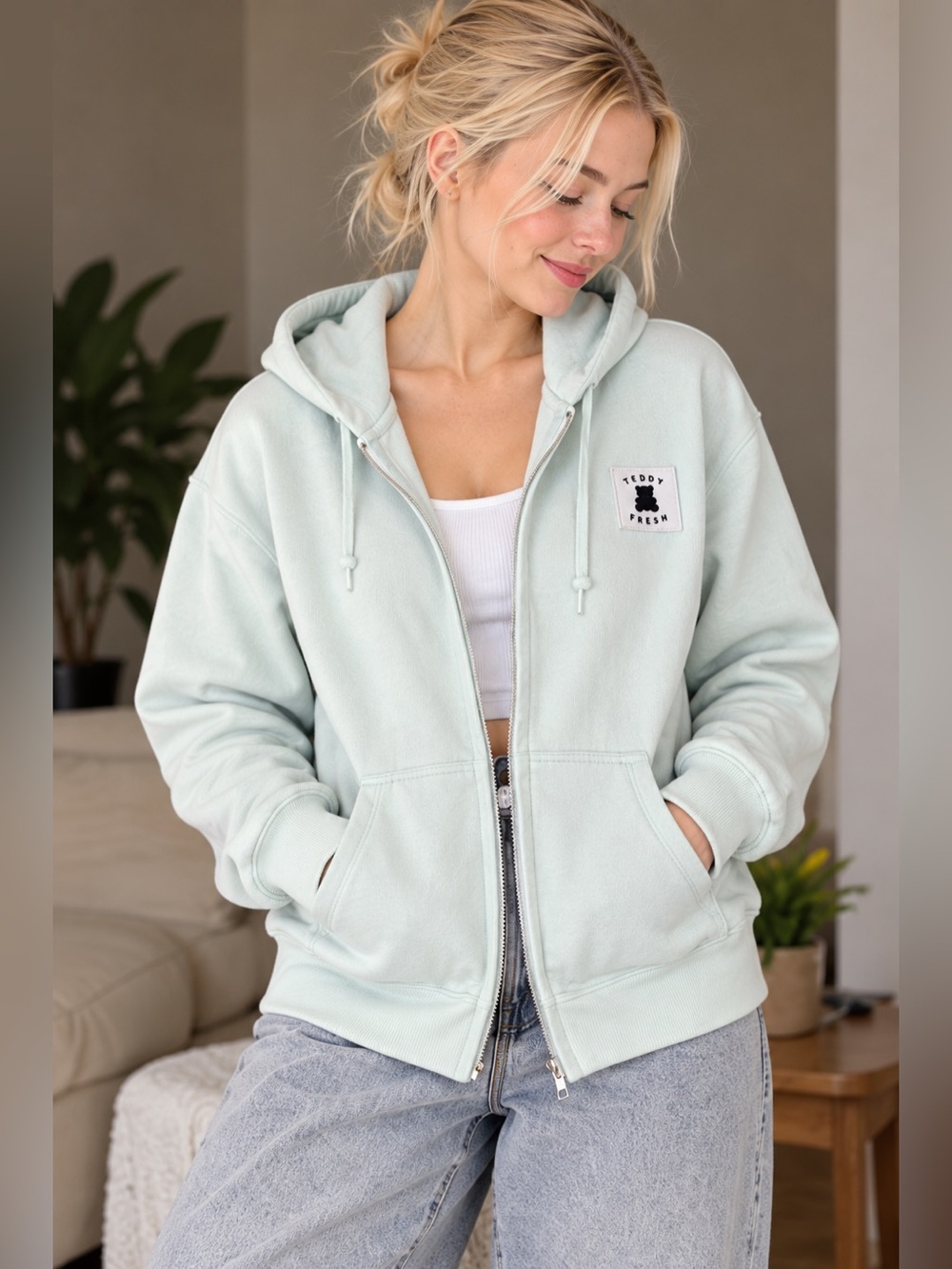 Teddy Fresh Mint Green Zip Up Hoodie Unisex Large